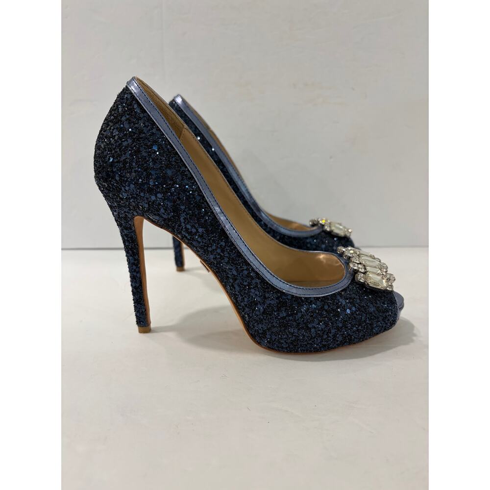 Badgley Mischka Alter II Blue Glitter Jewel Peep Toe Pumps - Picture 3 of 10